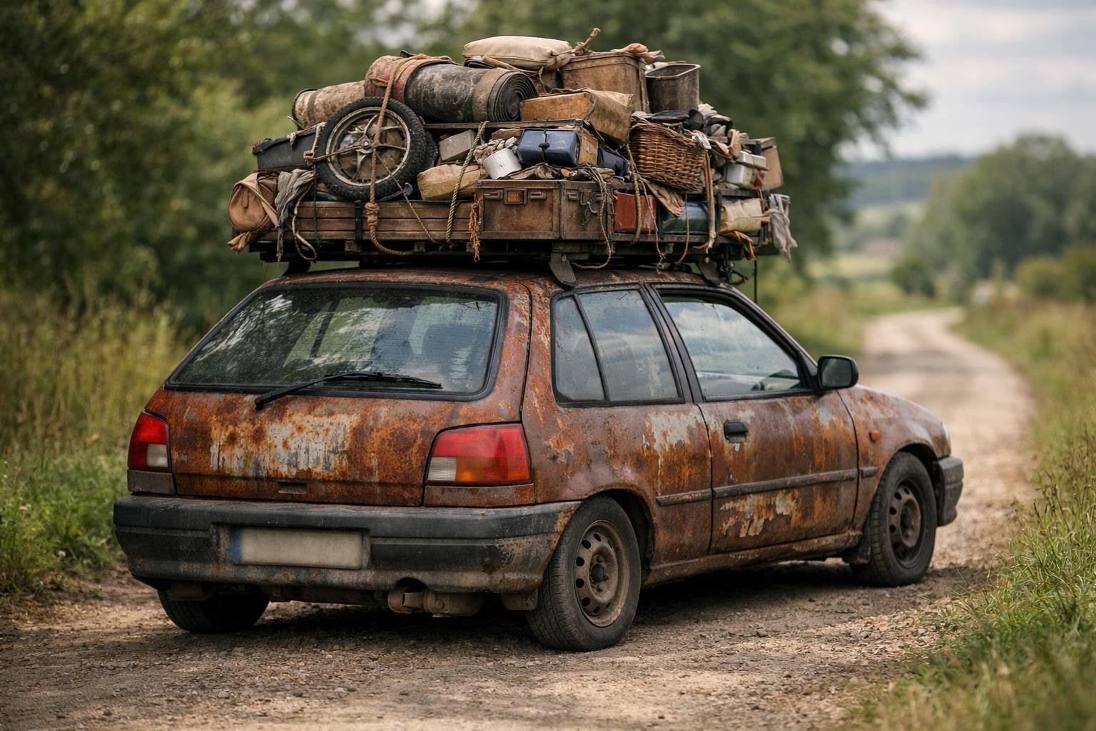 Ein alter Kleinwagen mit hoch beladenem Dachgepäckträger steht auf einem Feldweg