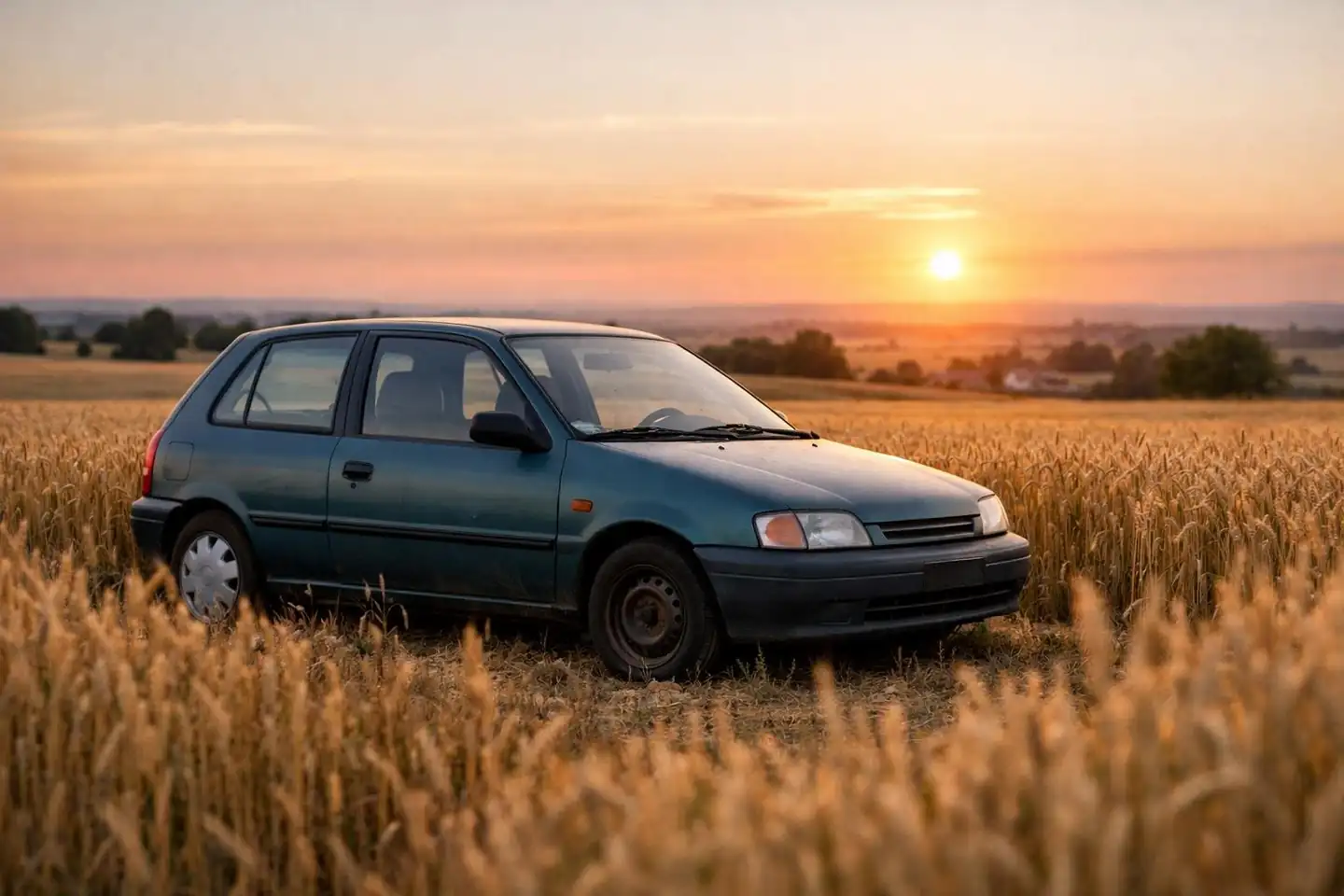 Ein Kleinwagen mit fehlender Radkappe steht abends in einem Getreidefeld