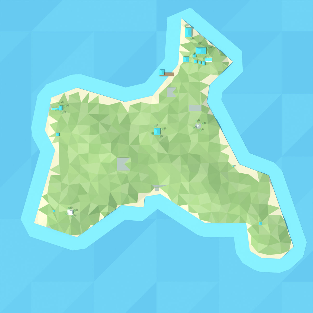 Die erste Polygon-Insel mit Hügeln und türkisfarbenen Dächern